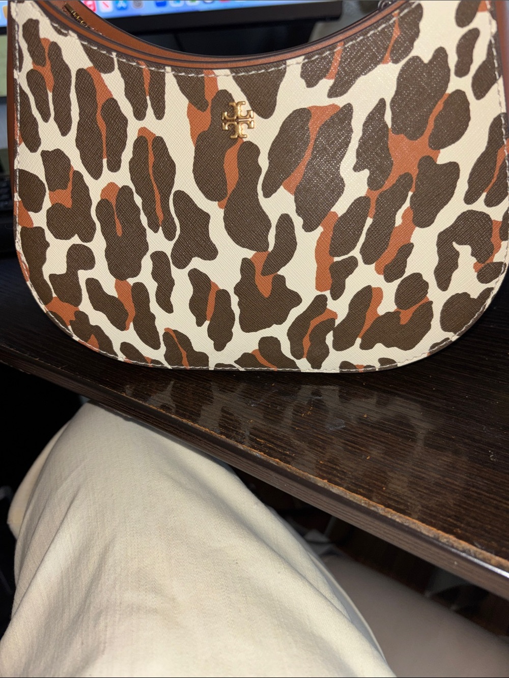 Tory Burch Brown and Cream Leopard-Print Crescent Shoulder Bag